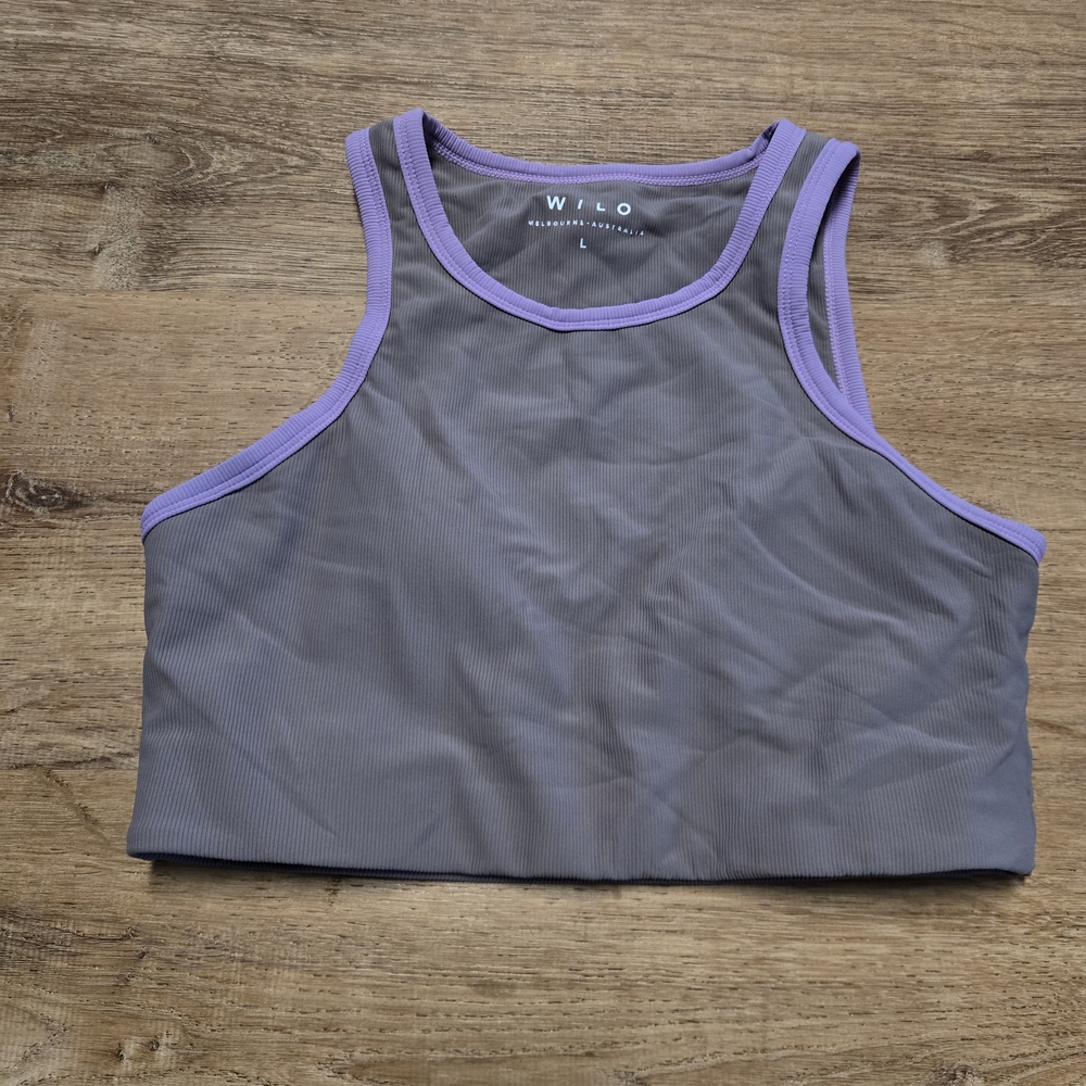 WILO The Label Dark Tan  Ribbed Sports Bra  Crop Top with Lavender Trim Large